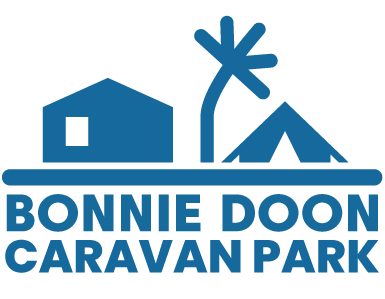 Bonnie Doon Caravan Park logo featuring a cabin, a tent, and a stylised tree